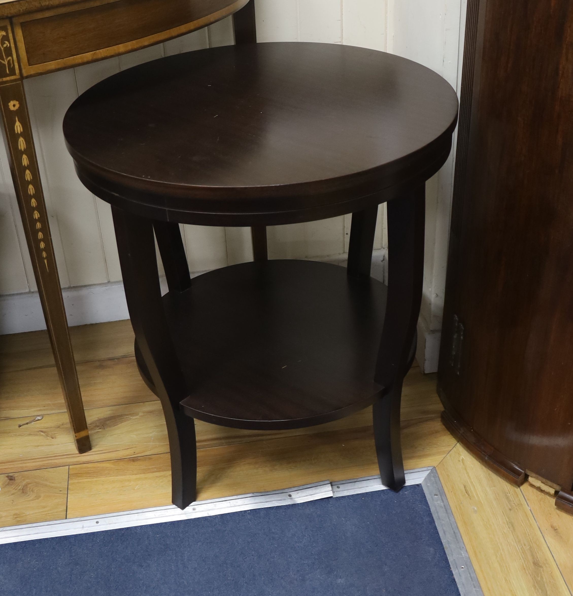 A pair of contemporary circular two tier occasional tables, diameter 60cm, height 65cm